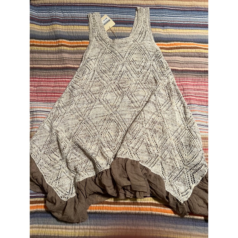Ryu Women's Small Sleeveless Dress Beige Brown Crochet Knit Ruffle Hem Boho - Picture 3 of 4